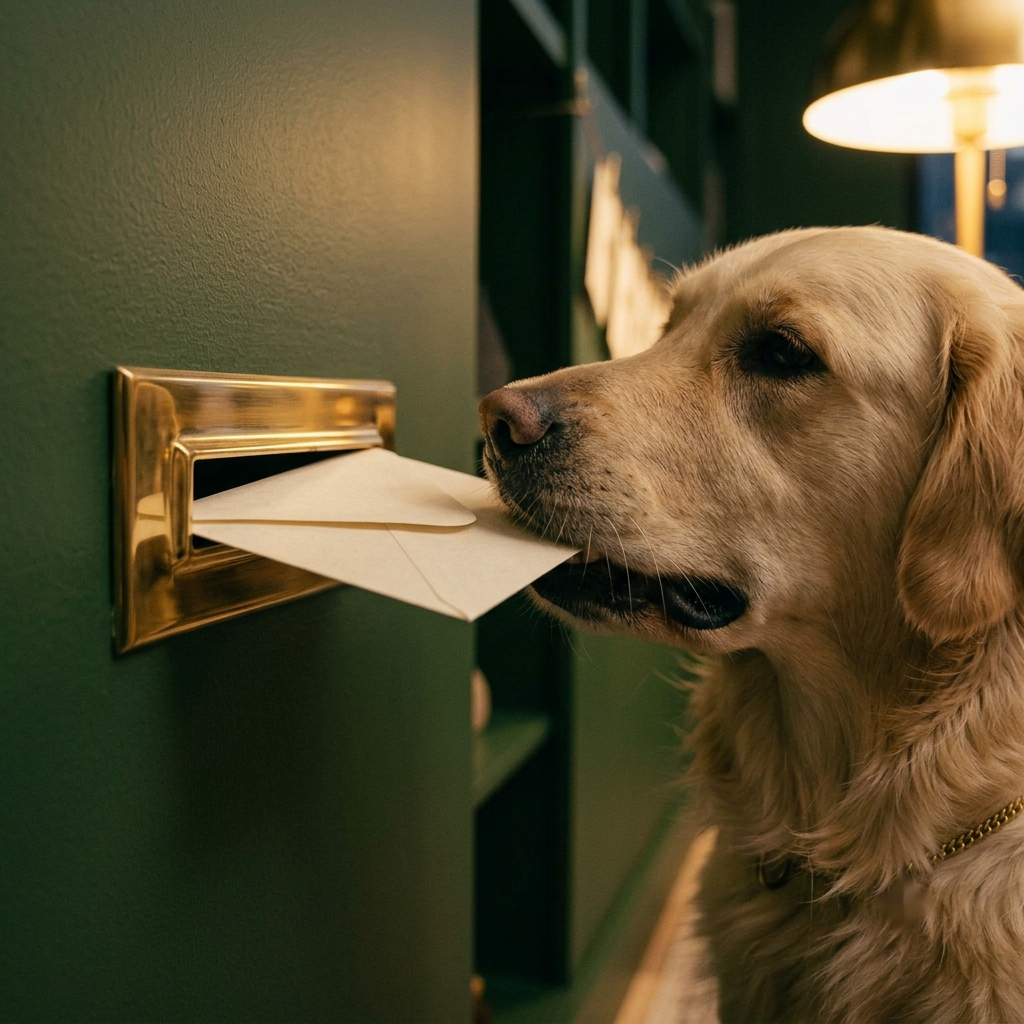 The FetchDue retriever posting an envelope through a brass mail slot — reminders that go out on schedule.