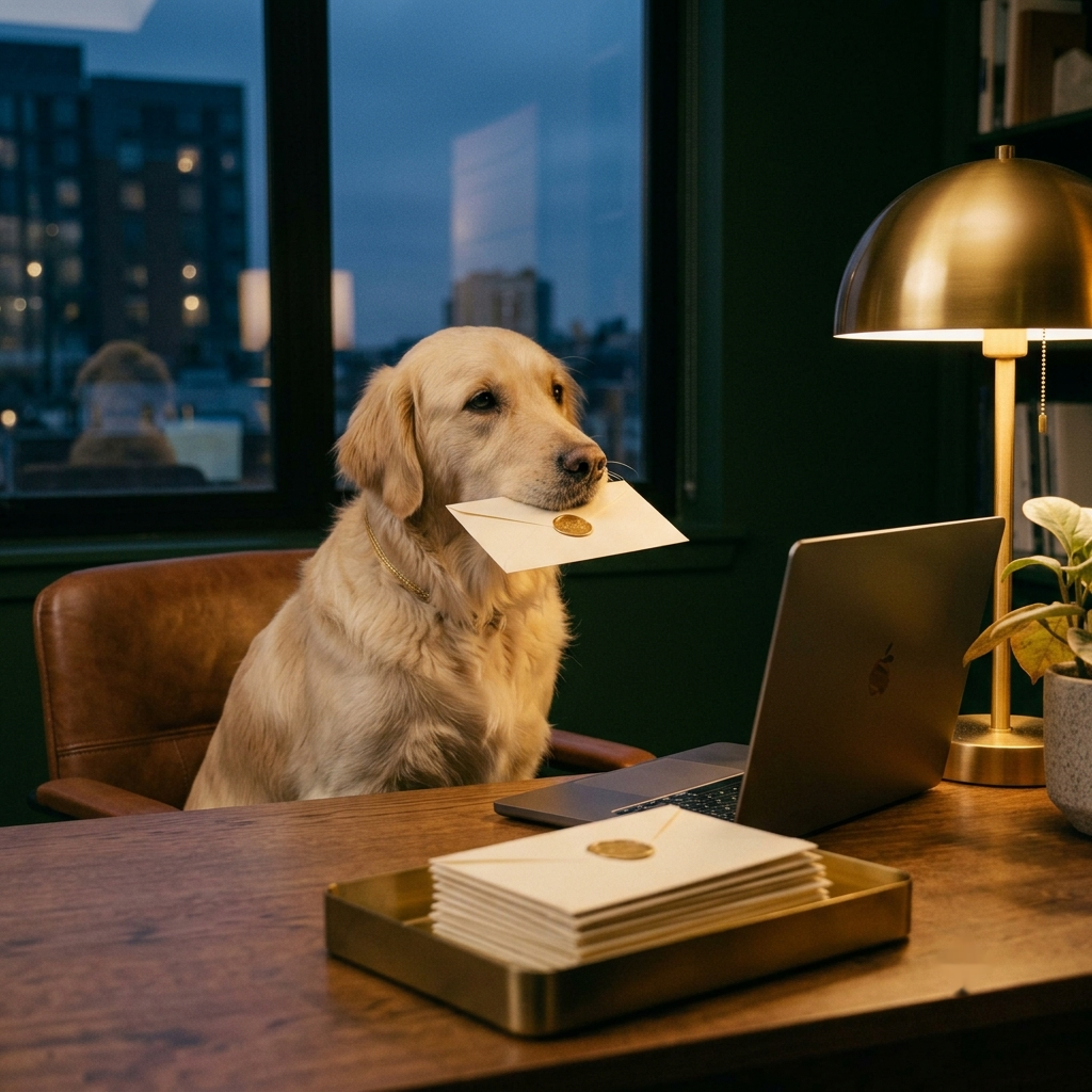 The FetchDue retriever at a laptop, envelope in mouth, outbox tray full — every chase goes out from your own mailbox.