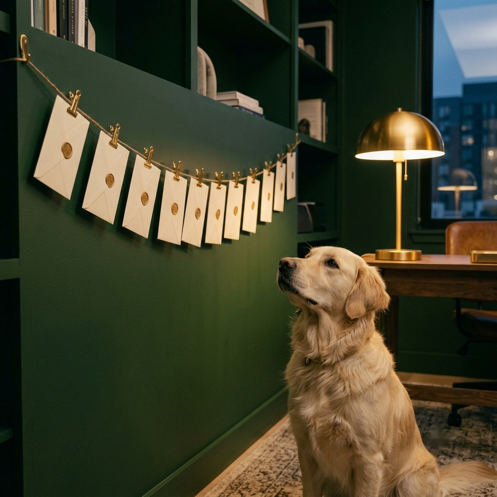 The FetchDue retriever watching a line of sealed envelopes clipped in order — an installment schedule, tracked.