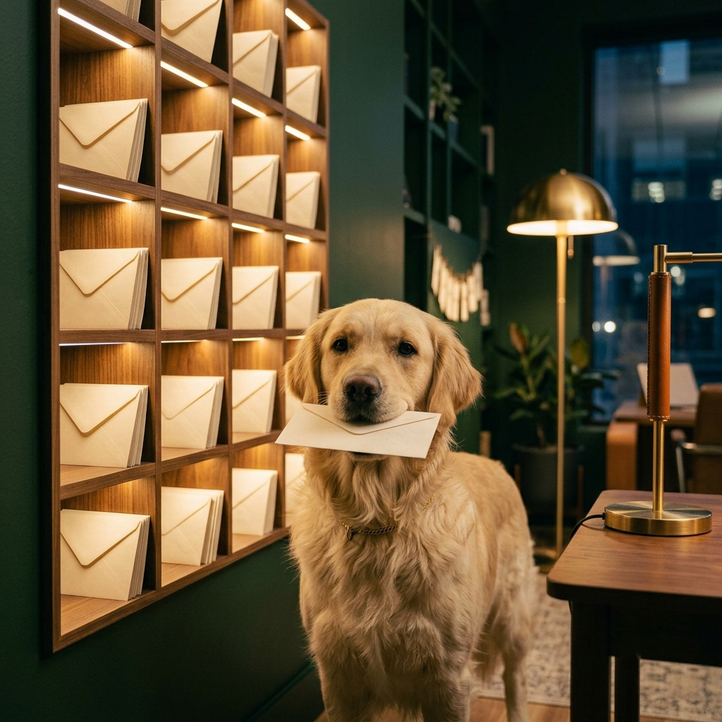 A golden retriever carrying an envelope past a wall of mailboxes
