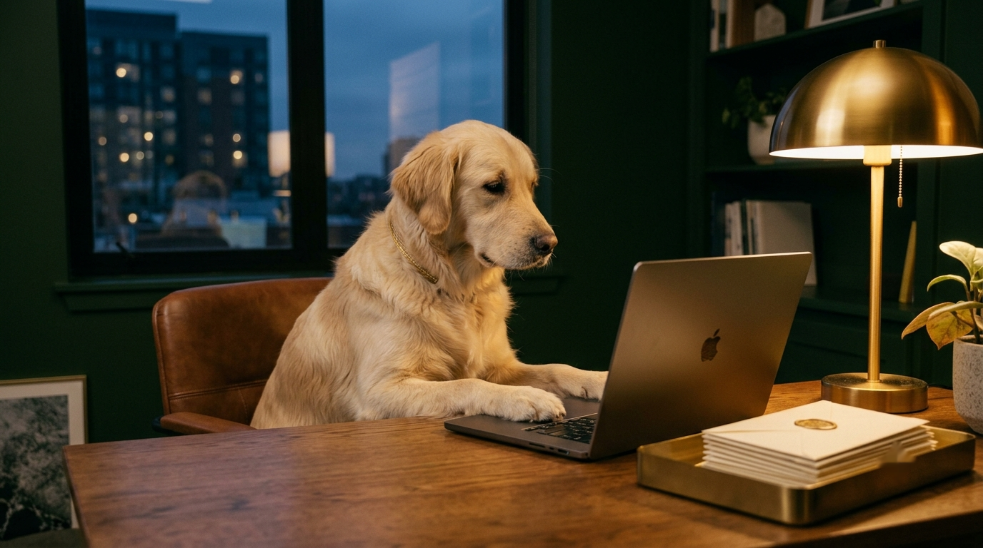 A golden retriever works the night shift at a glowing laptop, sealed reminders stacked in a brass tray