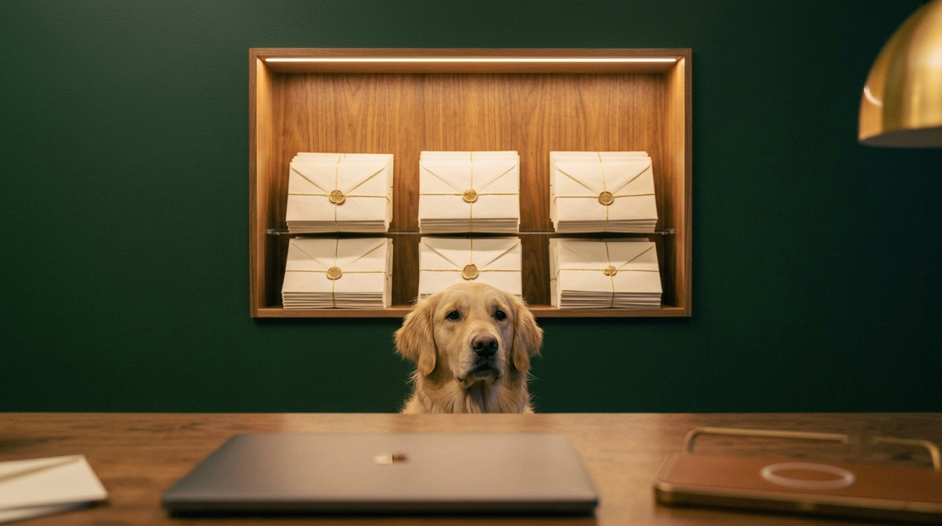 A golden retriever at a desk, minding a wall of sealed, waiting invoices