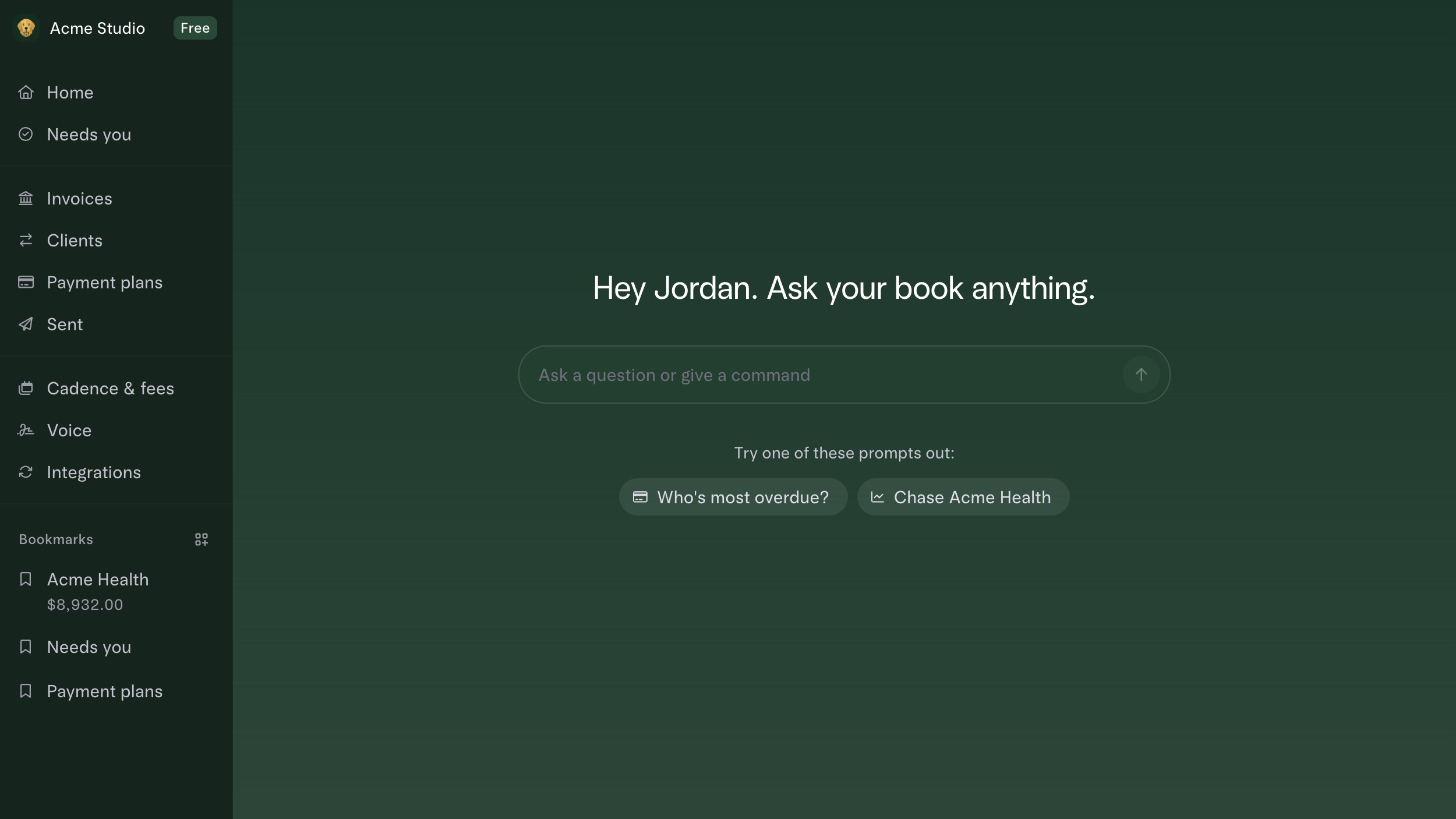 FetchDue command center — ask your book anything, with one-tap prompts like chasing your most overdue client.